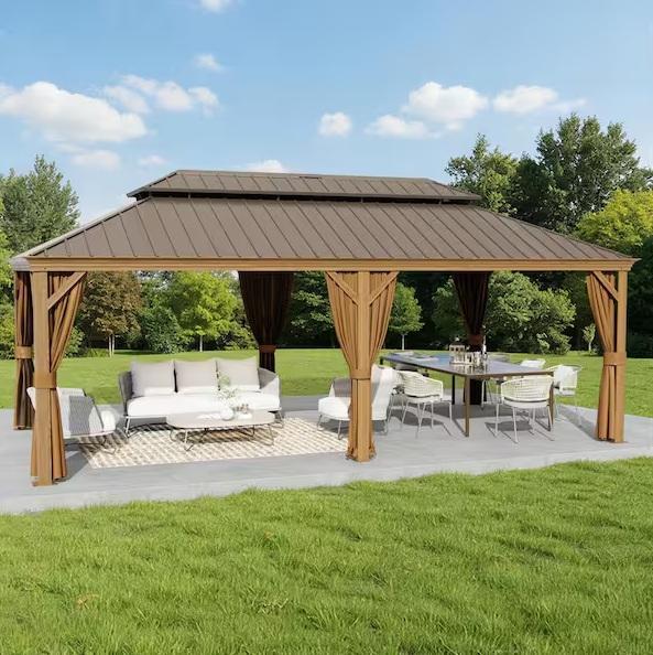 Gardenbee 20ftx14ft Aluminum Double Roof Hardtop Gazebo, Curtains & Mosquito Netting - Est Retail $2,015