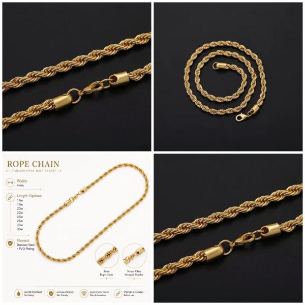 18K Gold Plated Rope Chains 20-24inch