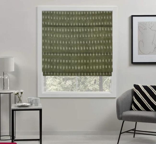 Housewares - Geomatrical Black Handmade Blackout Block Print Thick Linen Roman Shade, Nicoli Single Faucet -MSRP $3,434