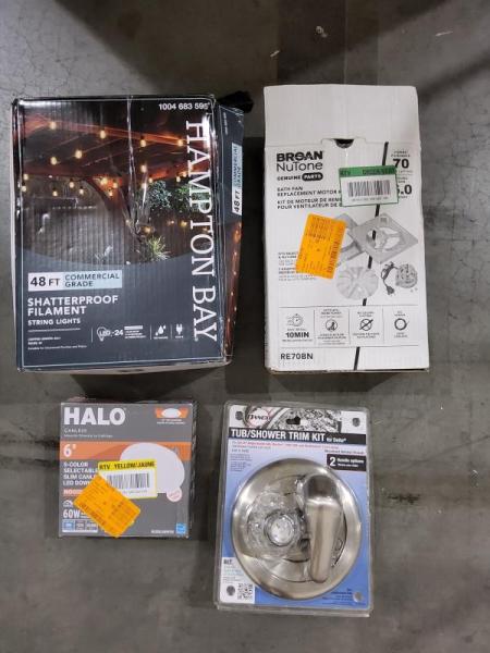 Mixed Lot - Hampton Bay Shatterproof String Lights, Everbilt, Broan NuTone, HALO, DANCO, HDC - Est Retail $1,000 -1plt