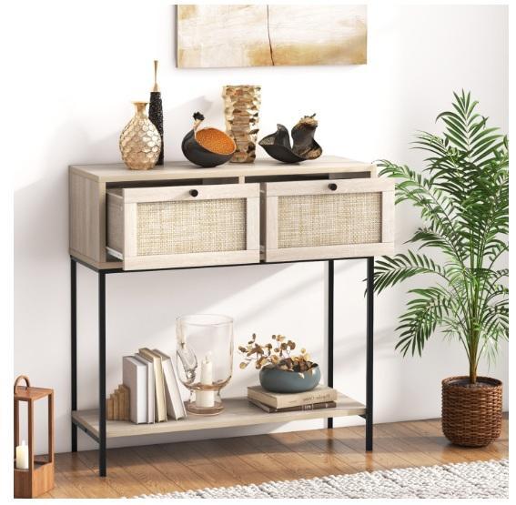 Housewares - 27"W Faux Leather Manual Standard Recliner, Natural Rattan Console Table w/Drawers & Shelf - MSRP $2,716