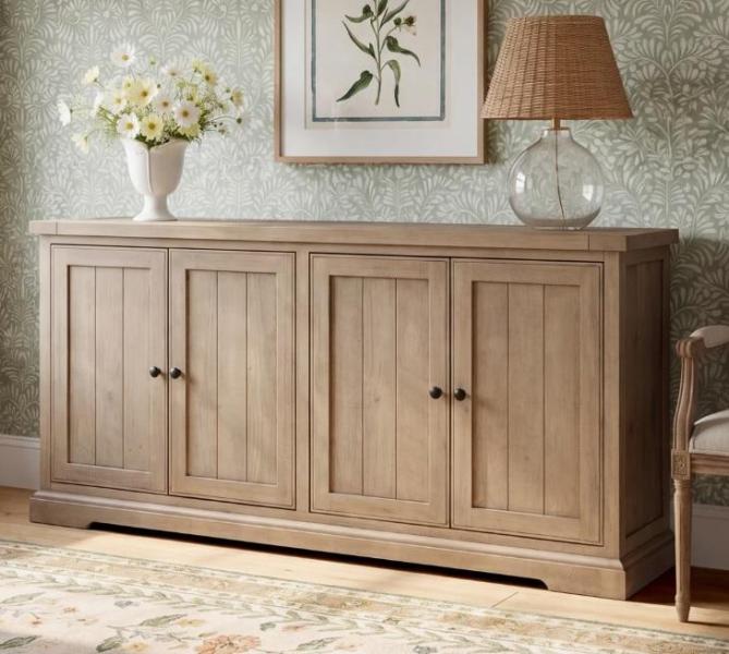 Furniture - Vienna 4-Door Reclaimed Pine Sideboard, Joshie Elegant Faux Leather Sofa, Jepum 86.6"W Sofa - MSRP $4,748