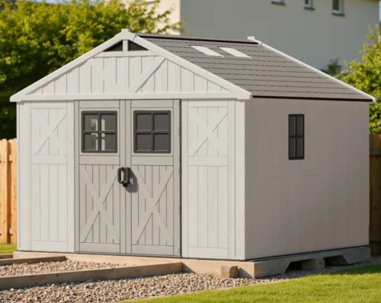 Nine Patiowell 10ftW Plastic Storage Sheds, Resin w/Reinforced Steel Structure/Beige - MSRP $1,684