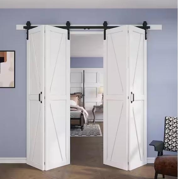 Two MillwkPro 64inx84in Assembled Bi-Fold K-Shape White Primed Solid Core MDF Sliding Barn Doors - Est Retail $954