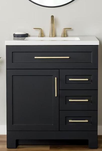 Style Selections Cauley 30in Black Single Sink Bathroom Vanity, Lynnpark Brushed Nickel Modern Pendant - MSRP $1,188
