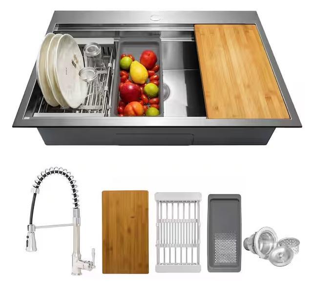 Plumbing - AKDY Handmade All-in-One Top Stainless Steel Single Bowl Kitchen Sink, Glacier Bay - Est Retail $1,853