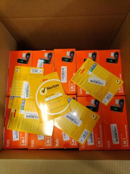 NEW - Electronics - Norton Antivirus Card, Itek Qi Charging Stand - MSRP $2,239