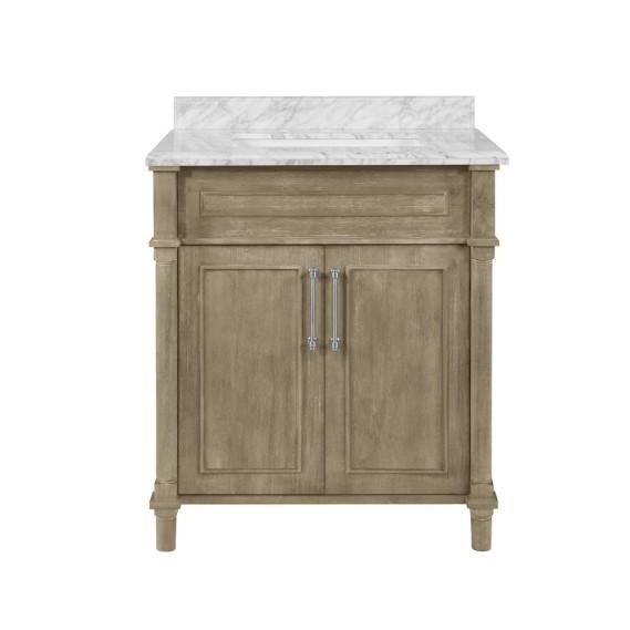 Aberdeen 30 in. Single Sink Freestanding Antique Oak Bath Vanity with Carrara Marble Top - Est Retail $719