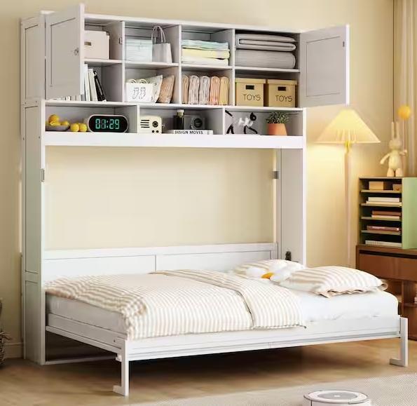 Polibi White Wood Frame Queen Murphy Bed w/Ample Storage Space & Chevron Stripes - Est Retail $1,048