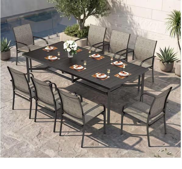 Seasonal - PHI VILLA Black 9pc Metal Slat Rectangle Table Outdoor Patio Dining Set, Pellebant - Est Retail $1,112