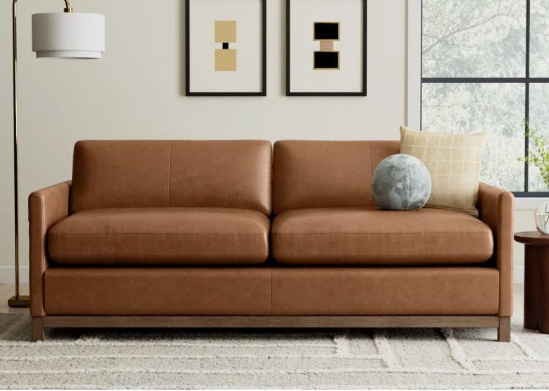 Furniture - Liz 75.5'' Genuine Leather Upholstered Sofa, Joshie Elegant Faux Leather Sofa, Table Base - MSRP $4,618