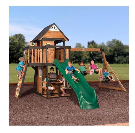 TRUCKLOAD - Backyard Discovery Canyon Creek White Cedar Wood Swing Set, Bestop Black Diamond Supertop - MSRP $48,686