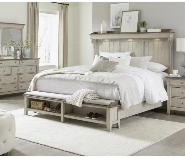 CLOSEOUT Direct Sourced/Unprocessed- Cathleen Queen Upholstered Bench Footboard, Marlin Upholstered Q Wingback Platform Sleigh Bed -MSRP $1,519