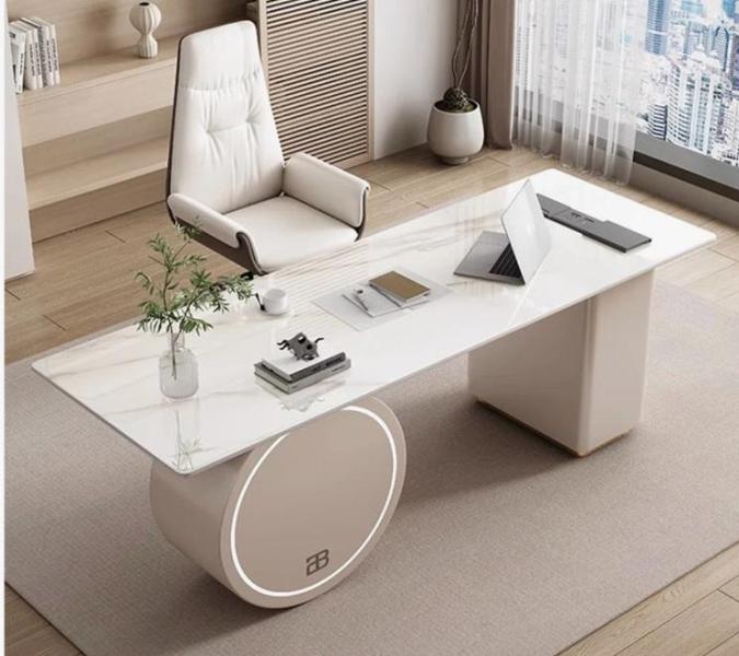 CLOSEOUT Direct Sourced/Unprocessed- Luxury Sintered Stone Plate Computer Desk, Ostane Solid Wood Bookcase, Kegan Rustic Mirror - MSRP $2,883