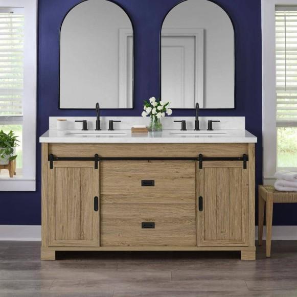 Brindley 60 in. Double Sink Freestanding Aged Oak Bath Vanity with White Engineered Stone Top - Est Retail $809