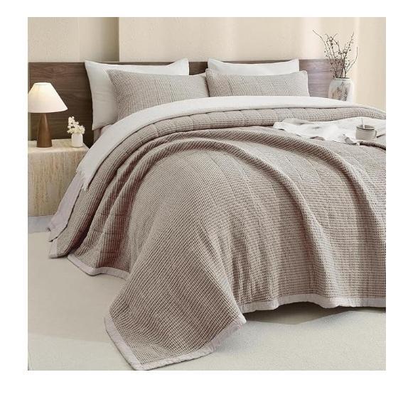 Sanracie Cotton Quilt Set King Khaki Waffle Quilted Bedspread Set, DreamyBlue Memory Foam Pillow Queen - MSRP $1,020