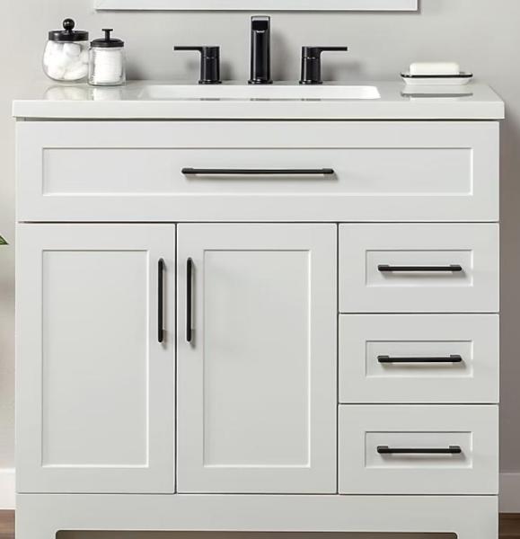 Style Selections Cauley 36in True White Single Sink Bathroom Vanity, Allen+Roth Sandbanks 30in Vanity - MSRP $2,959