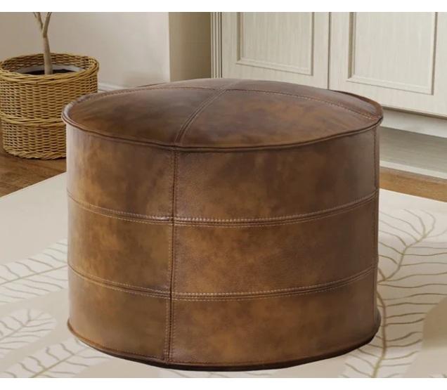 Furniture - OEKO-TEX STANDARD Footrest Pouf Full-Grain Leather Round Ottoman, Medium Plush Hybrid Mattress - MSRP $494