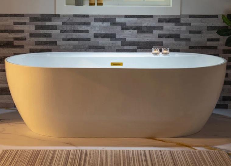 Housewares - 72''x35.375'' Freestanding Acrylic Bathtub w/Wide Rim, Platform Bed w/Barn-Door Headboard - MSRP $3,464